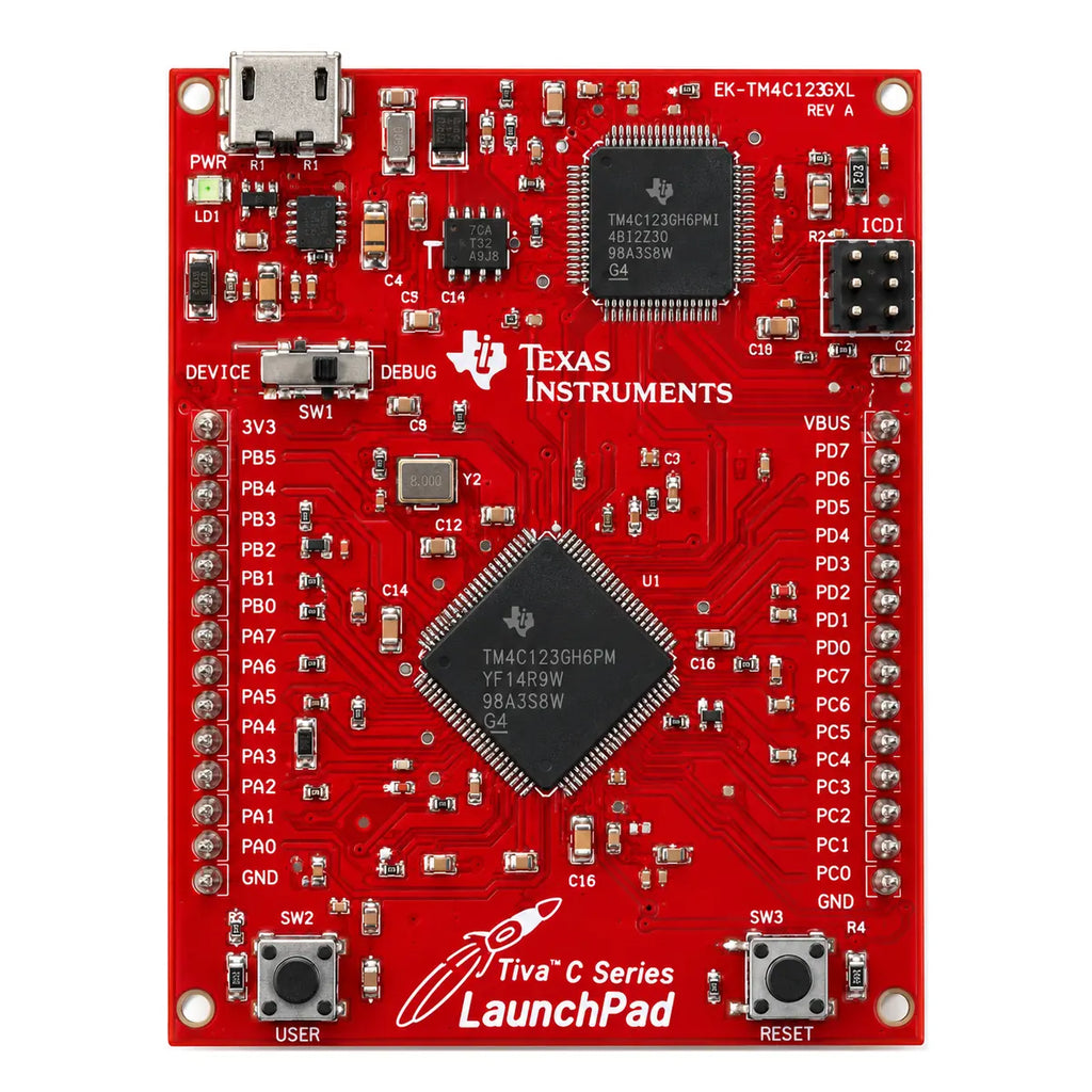 Tiva C Series LaunchPad evaluation board shown with its packaging and development setup.